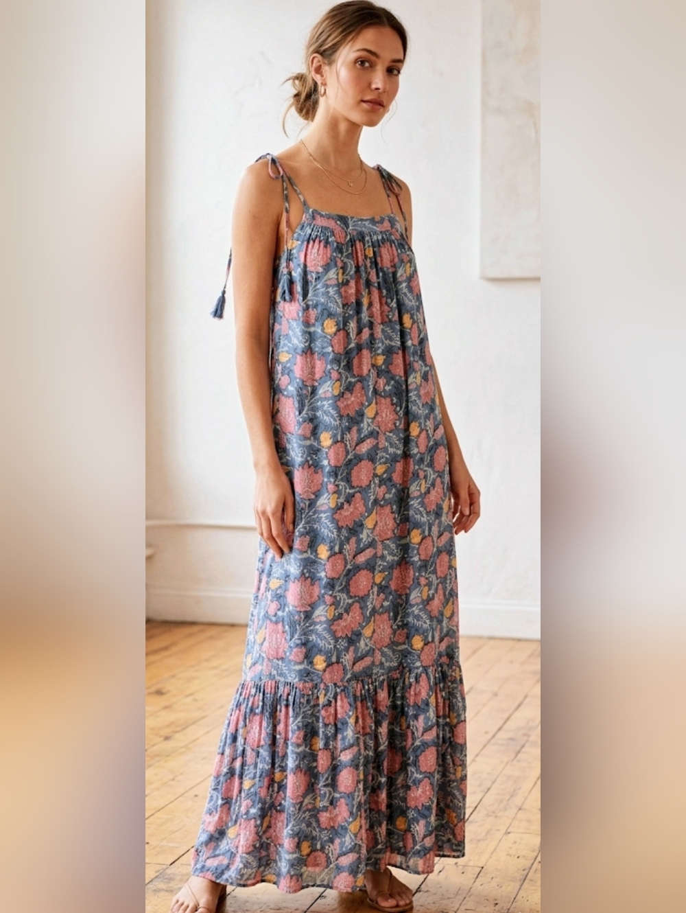LOFT Blue Floral Crisscross Tie-Strap Maxi Dress - Size S - Tiered Skirt